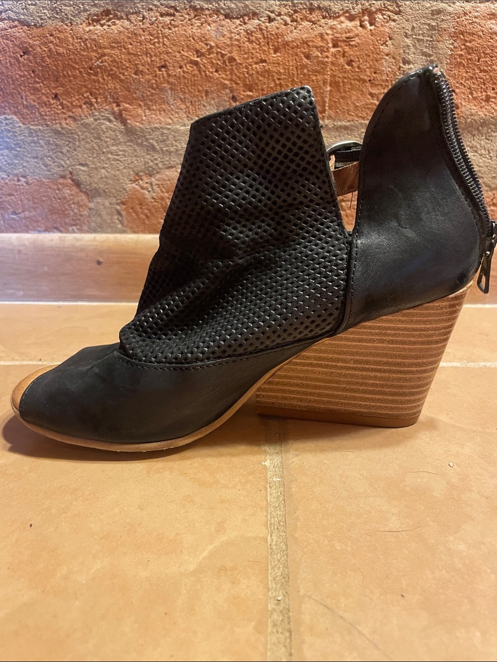 Miz Mooz Black Perforated Peep-Toe Wedge Booties with Stacked Wood Heel